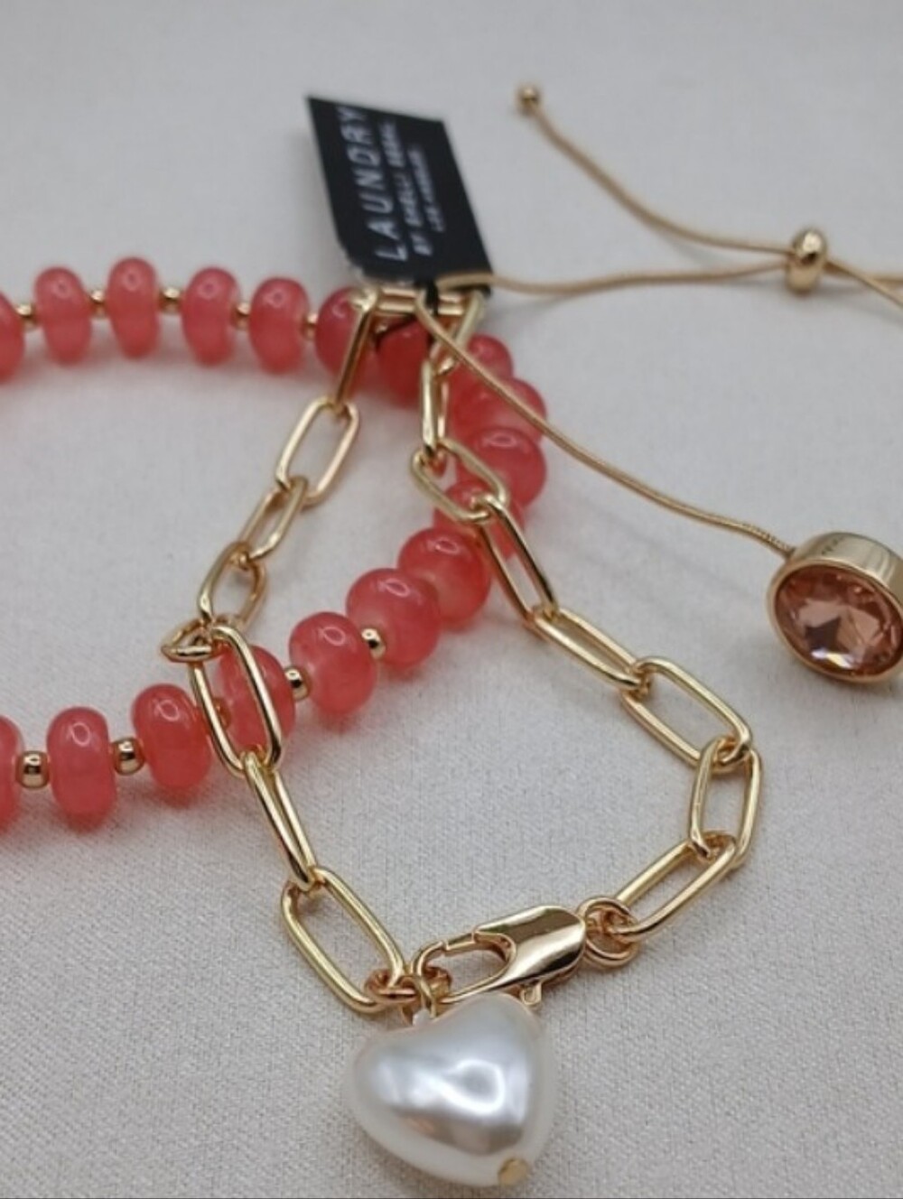 Laundry Shelli Segal Multi Bracelet Set Coral Gold Paper Clip Chain Pearl Heart